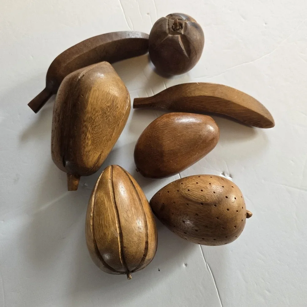 MCM Wood Fruit Hand Carved Fruit Vegetables Brazil Lot Of 7 Banana Apple Pear